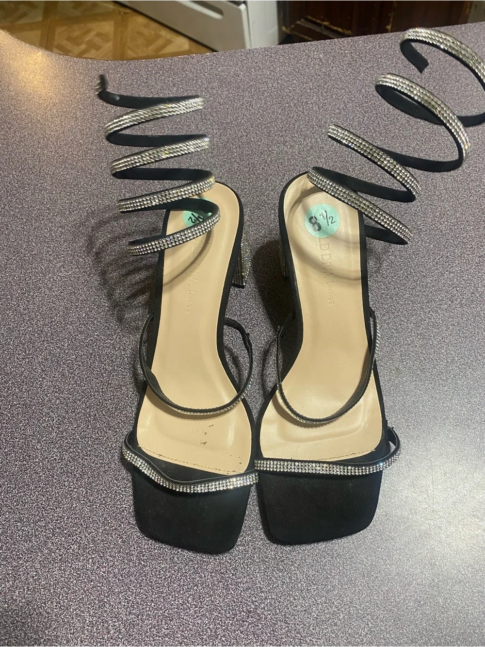 Wild Diva Black Rhinestone Spiral-Strap Heeled Sandals